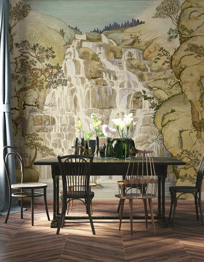 Fallingwater mural by Coordonné in Autumn, shown in a styled room