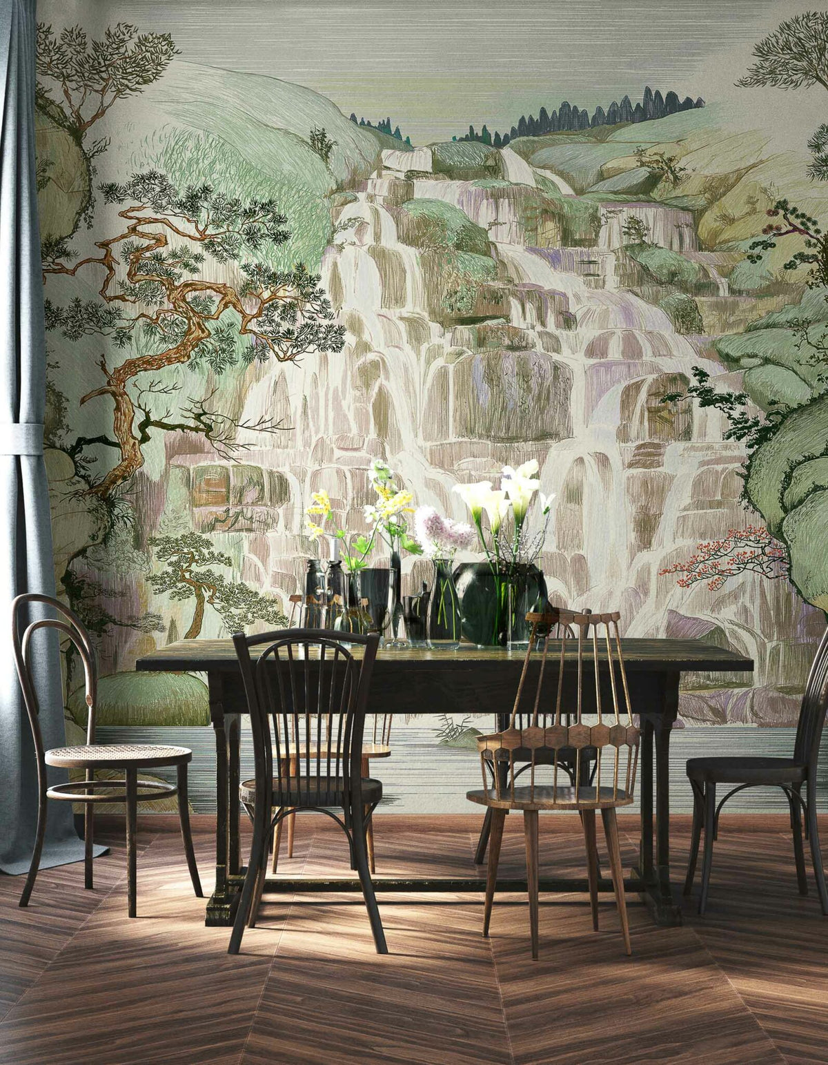 Fallingwater mural by Coordonné in Spring, shown in a styled room