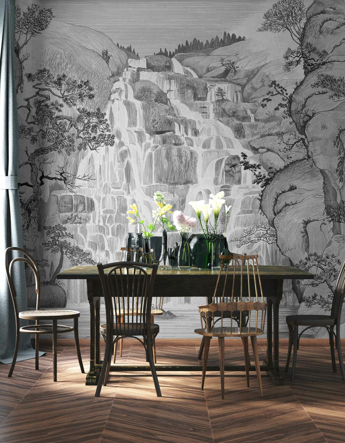Fallingwater mural by Coordonné in Winter, shown in a styled room