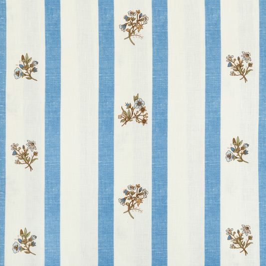 Flax & Field Posy Stripe Printed Linen Fabric by Volga Linen in Cornflower Blue/Pale Oyster