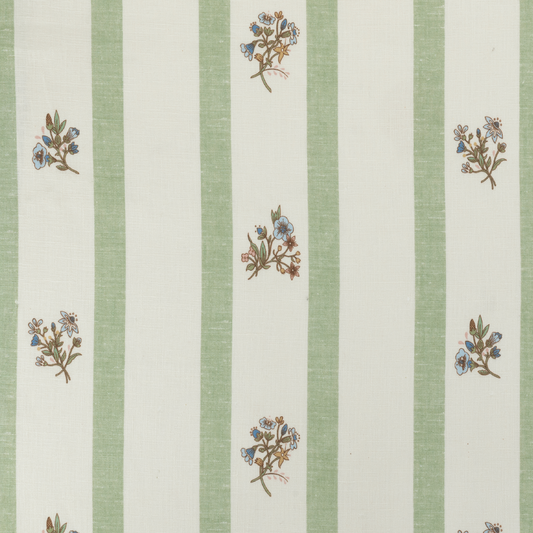 Flax & Field Posy Stripe Printed Linen Fabric by Volga Linen in Eucalyptus/Pale Oyster