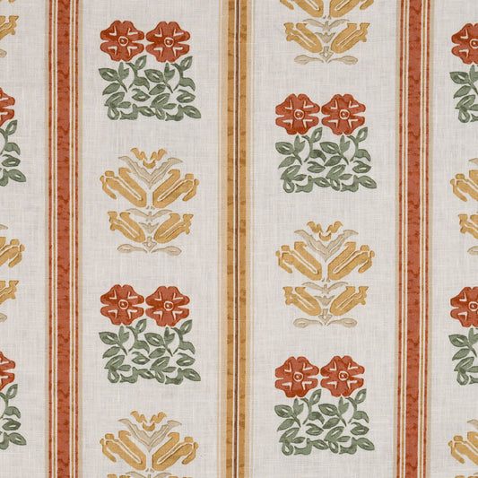 Folkloric Floral Stripe Printed Linen Fabric by Volga Linen in Amber/Oyster