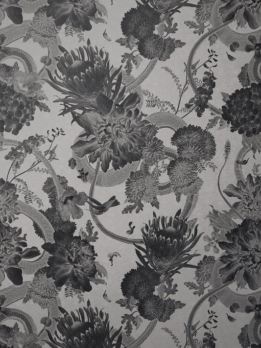 Forbidden Bloom Faux Suede Wallpaper by Divine Savages in Monochrome, pattern swatch