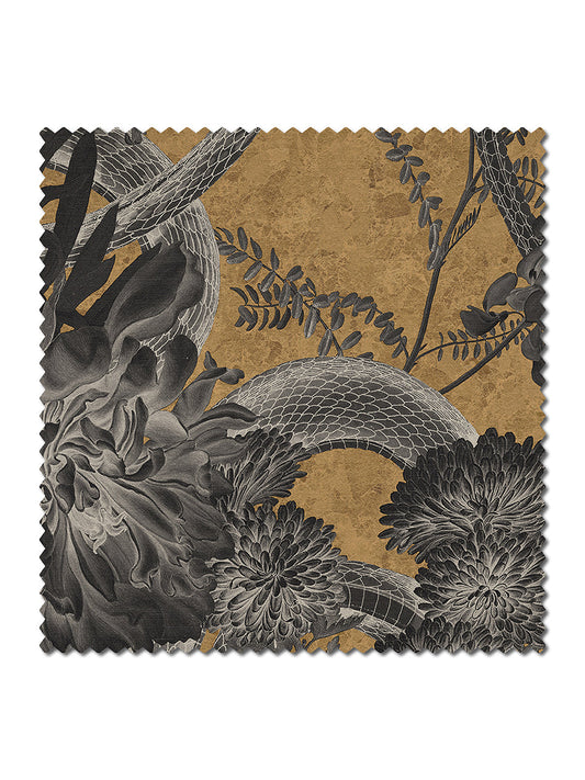 Forbidden Bloom Velvet Fabric by Divine Savages in Gold, pattern swatch