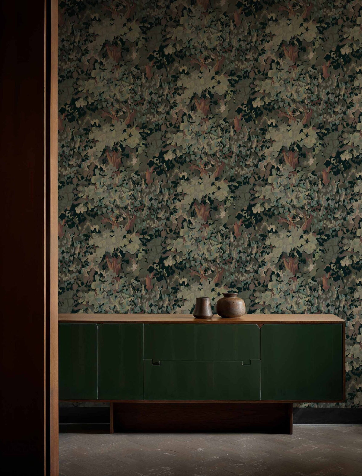 Forêt wallpaper by Coordonné in Winter, shown in a styled room