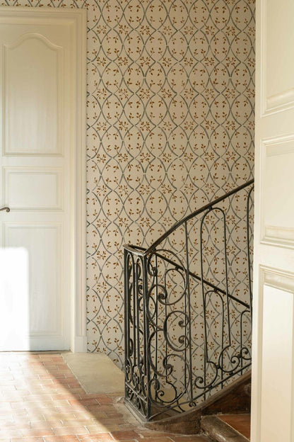 Forja wallpaper by Coordonné in Plata, shown in a styled room