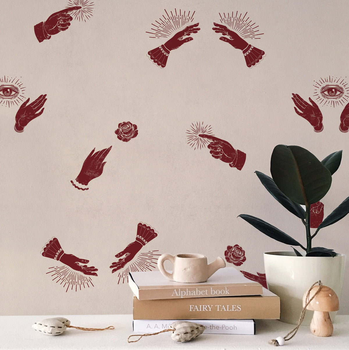 Future wallpaper by Coordonné in Cherry, shown in a styled room