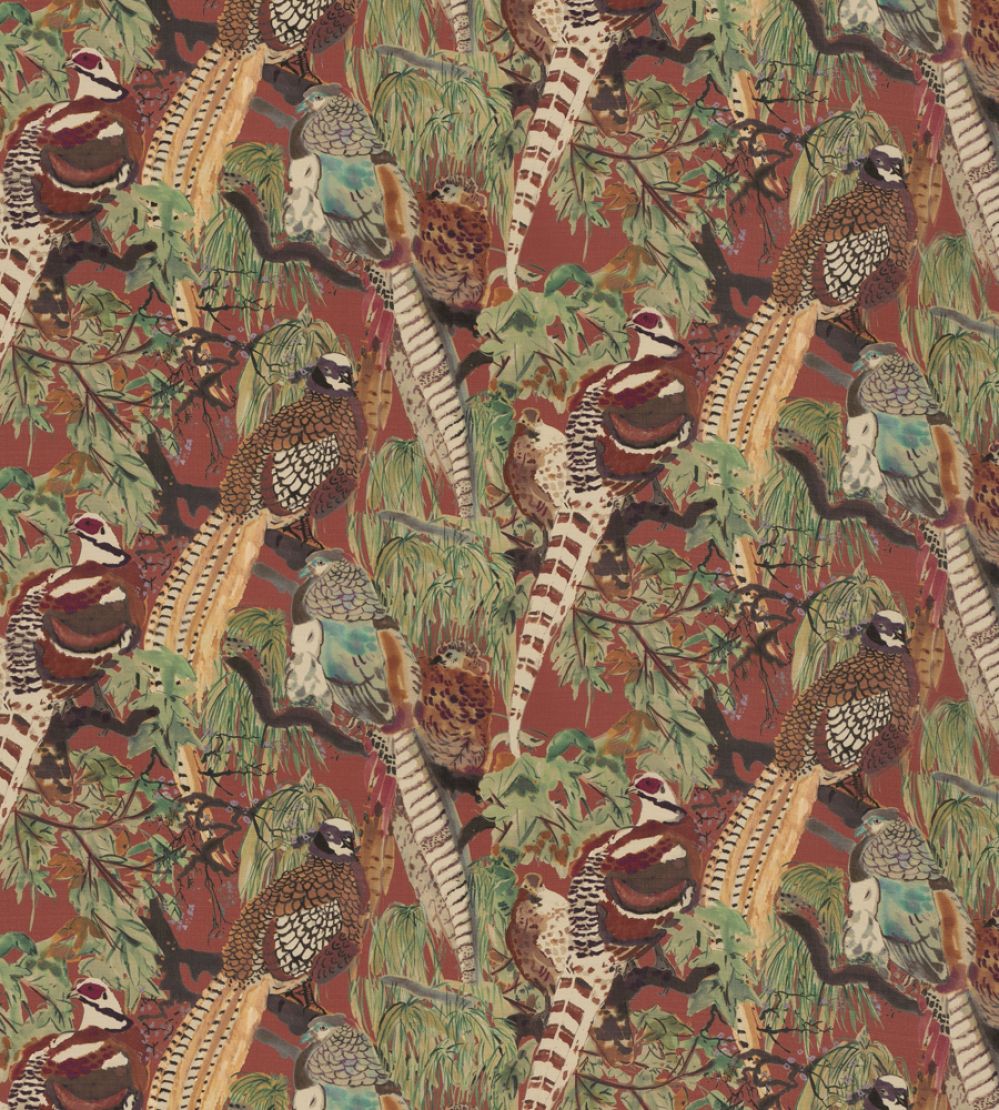 Game Birds Linen Fabric by Mulberry Home Red/Plum