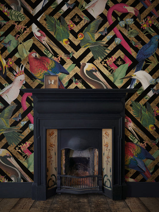 Geometric Aviary Gold Leaf Wallpaper by Divine Savages in Gold Leaf, room setting