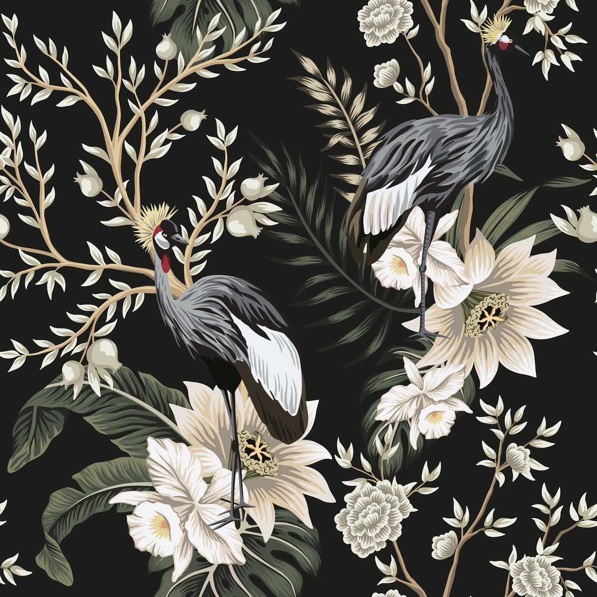 Graceful Cranes Dark mural by Rebel Walls