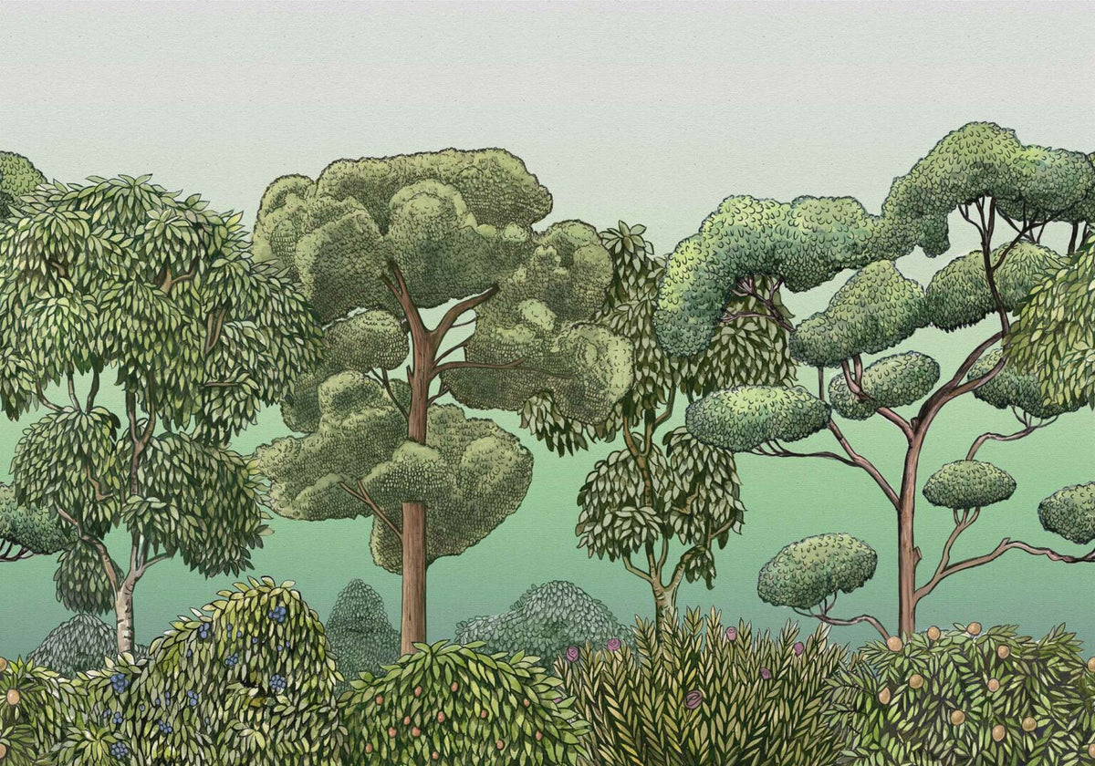 Green Forest mural by Coordonné in Dew, flat pattern view