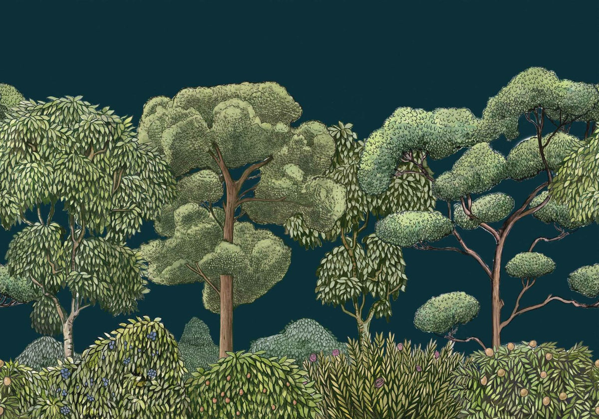 Green Forest mural by Coordonné in Midnight, flat pattern view