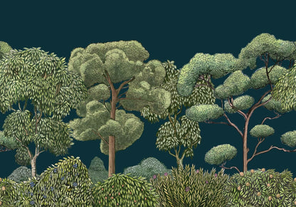 Green Forest mural by Coordonné in Midnight, flat pattern view