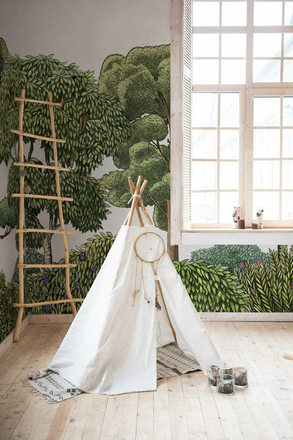 Green Forest mural by Coordonné in Natural, shown in a styled room