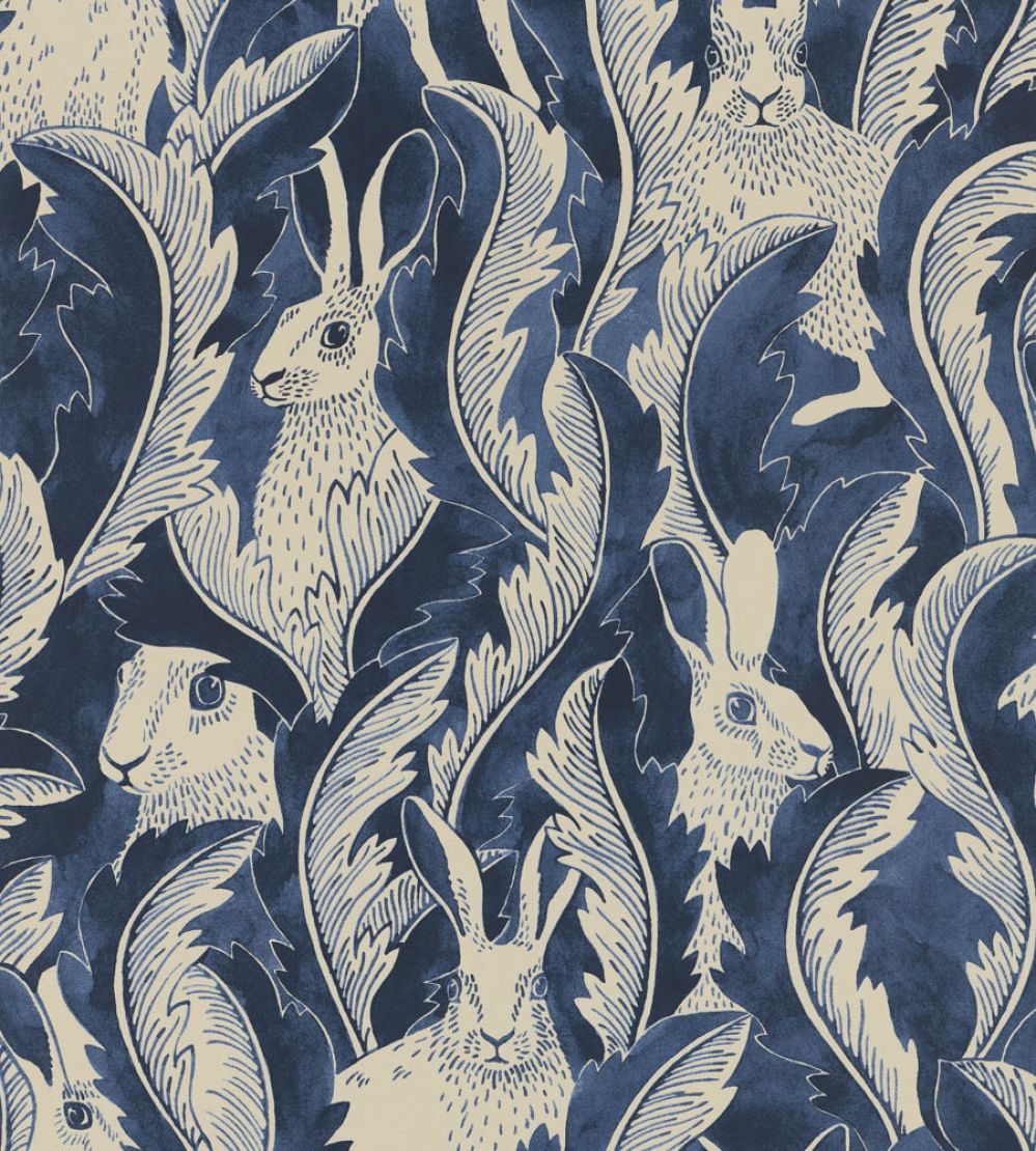 Hares In Hiding Wallpaper by Langelid Von Bromssen Dark Denim