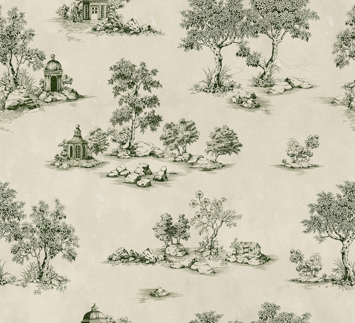 Heirloom Toile Green mural by Rebel Walls