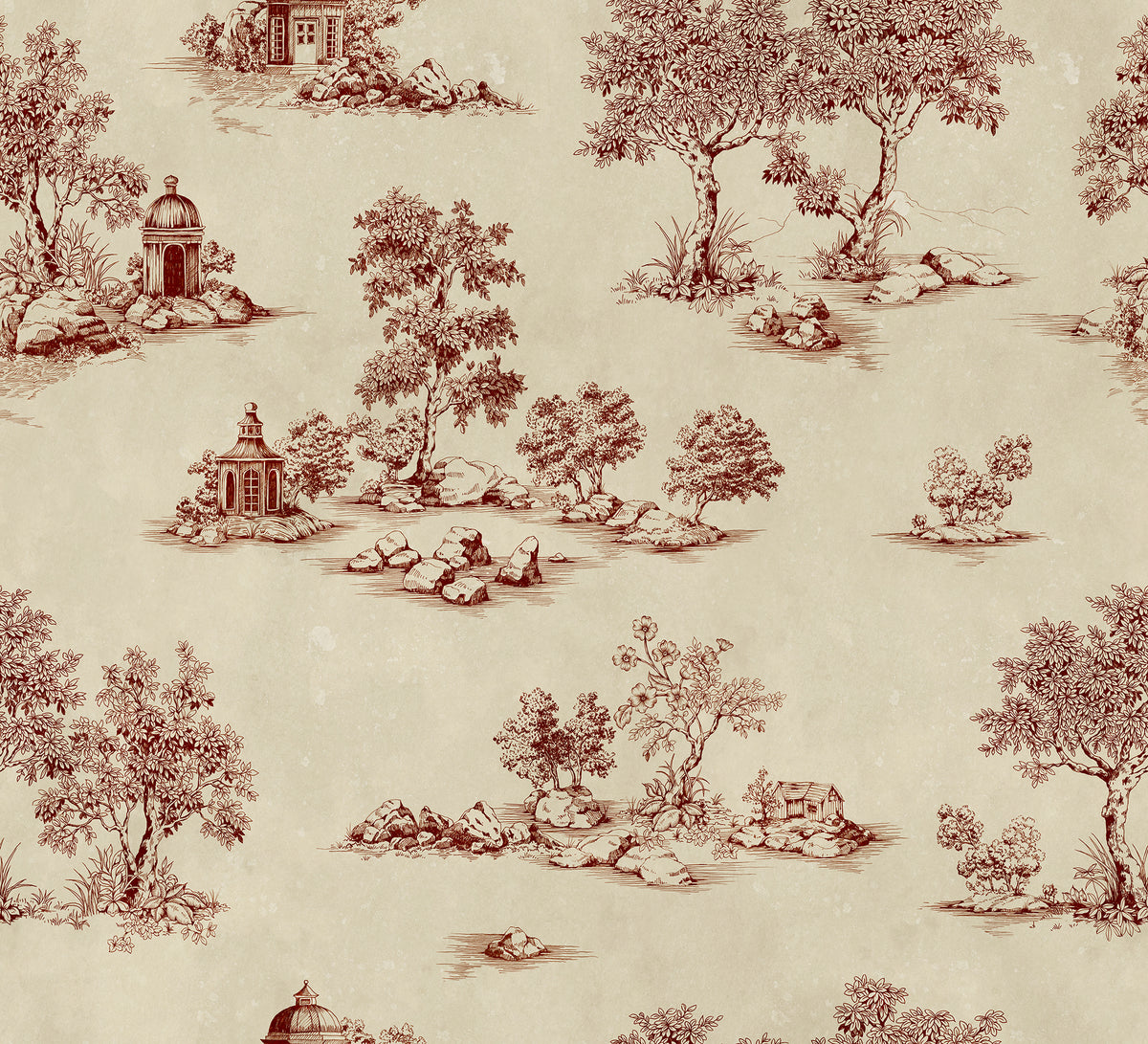 Heirloom Toile Red mural by Rebel Walls