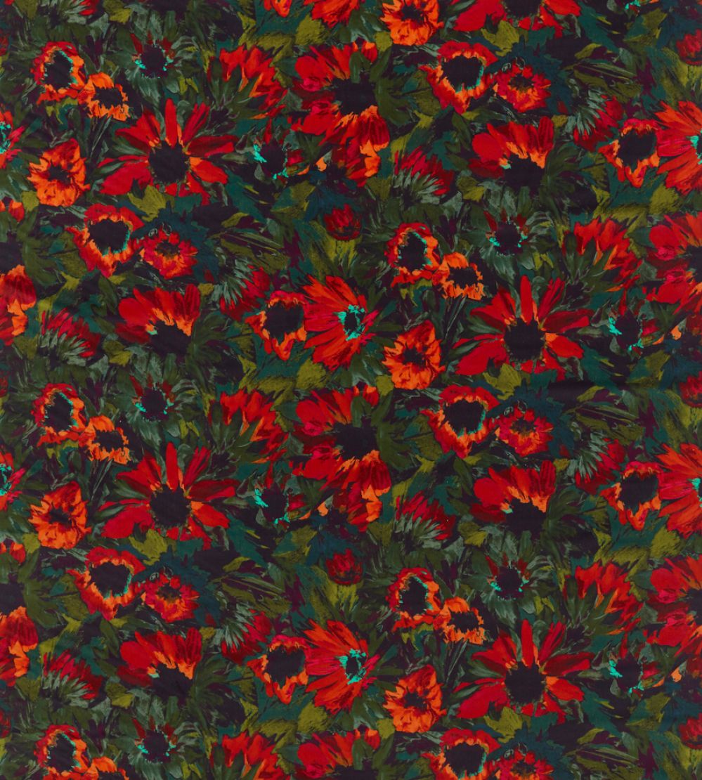 Helianthus Velvet Fabric by Harlequin Vermillion / Harrisa / Fig Leaf