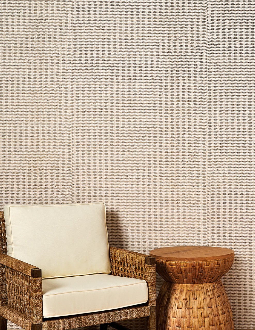 High Tide Grasscloth Wallpaper by Phillip Jeffries in Beach Beige, shown installed in a room setting