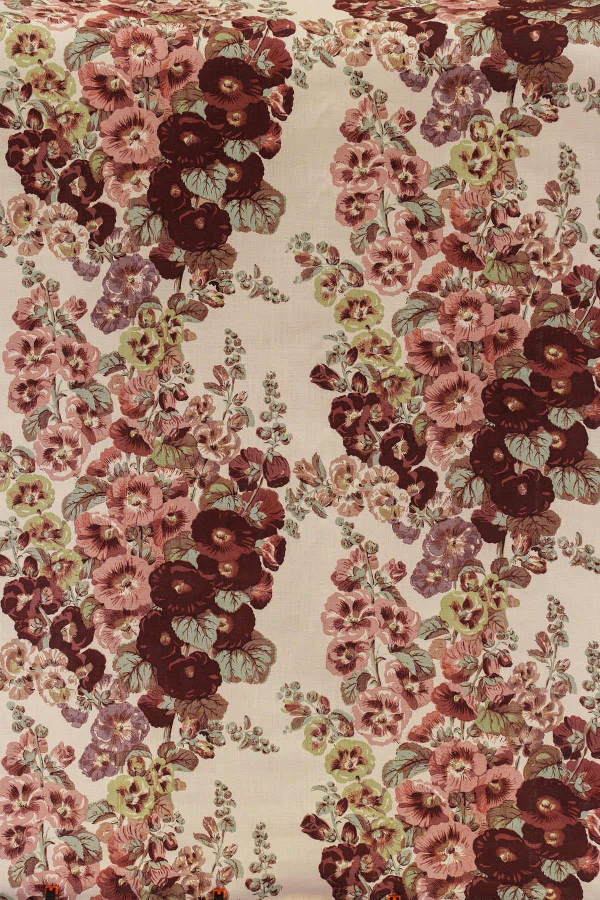 Hollyhock Hand-Block Fabric by Jean Monro in Aubergine/Mint
