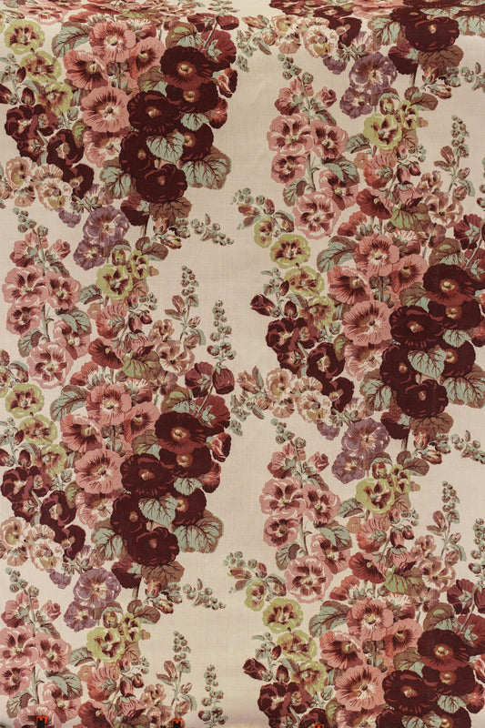 Hollyhock Hand-Block Fabric by Jean Monro in Aubergine/Mint
