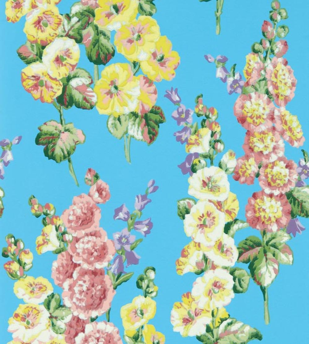 Hollyhocks Wallpaper by Sanderson Fire Pink/Bright Blue