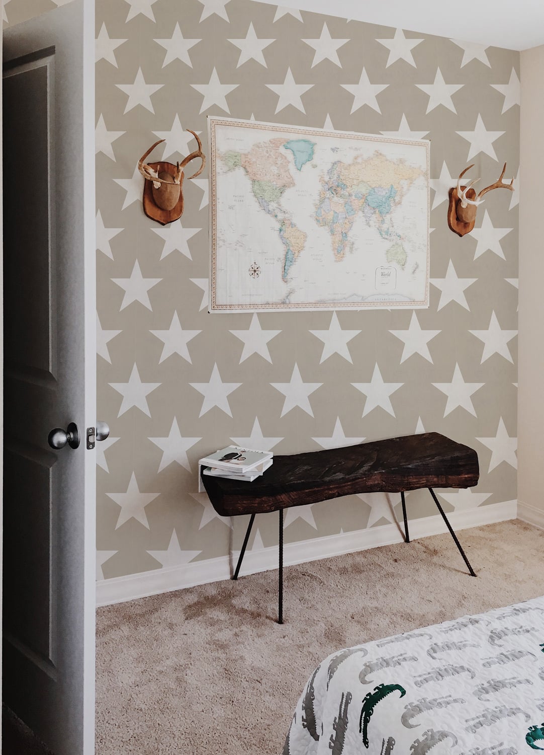 Hollywood wallpaper by Coordonné in Beige, shown in a styled room