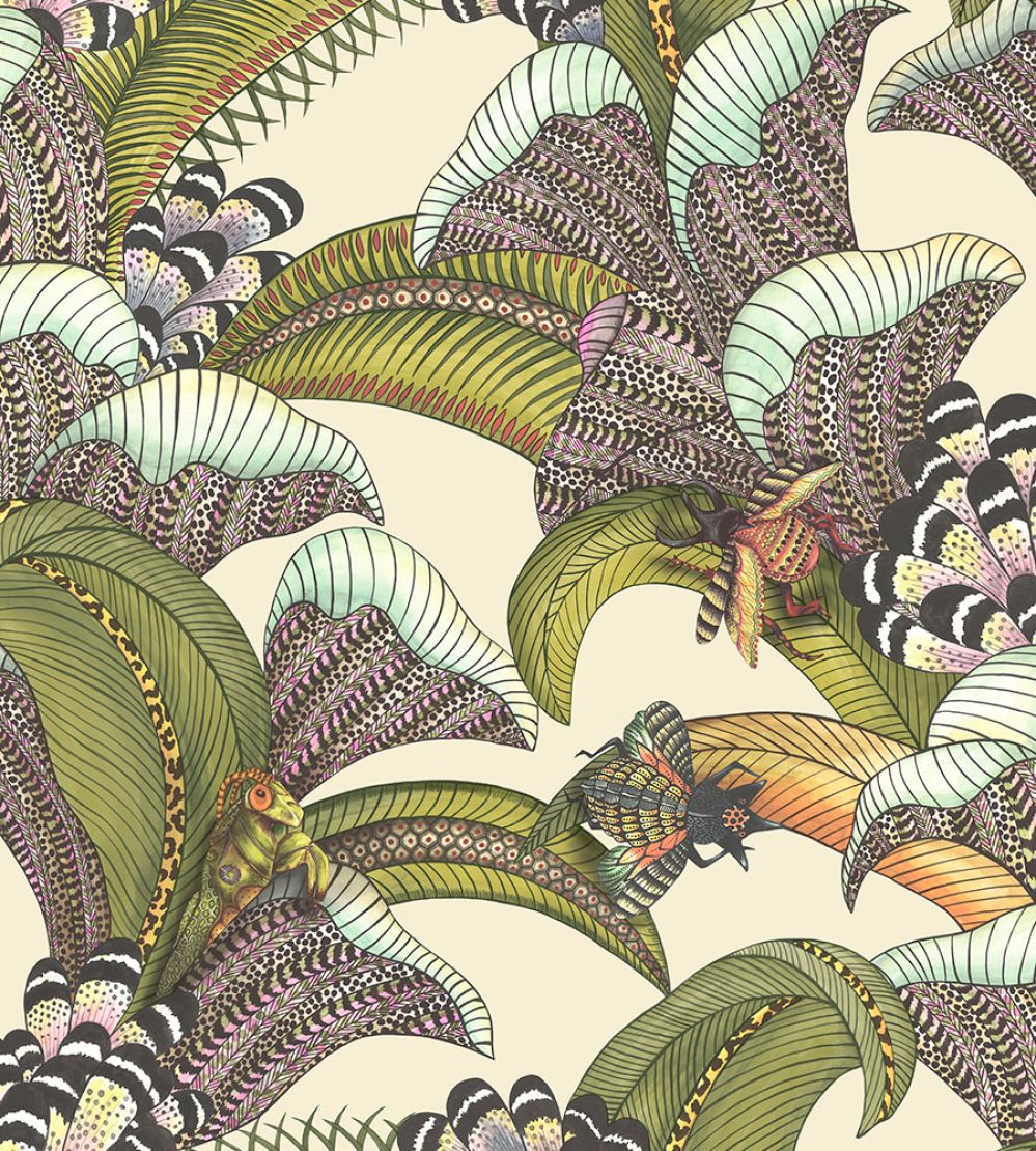 Hoopoe Leaves Wallpaper by Cole & Son Olive Chartreuse & Fuchsia on Cream