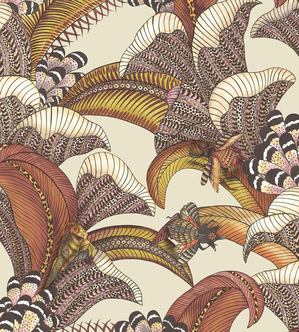 Hoopoe Leaves Wallpaper by Cole & Son Crimson Canary Yellow & Fuchsia on Stone
