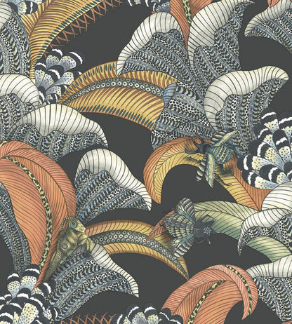 Hoopoe Leaves Wallpaper by Cole & Son Terracotta Ochre & Ice Blue on Charcoal