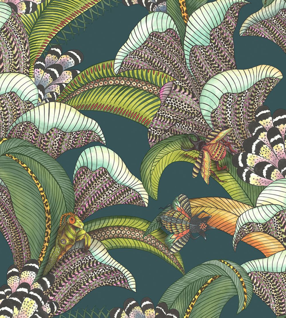 Hoopoe Leaves Wallpaper by Cole & Son Forest Green Lime & Fuchsia on Dark Virdian