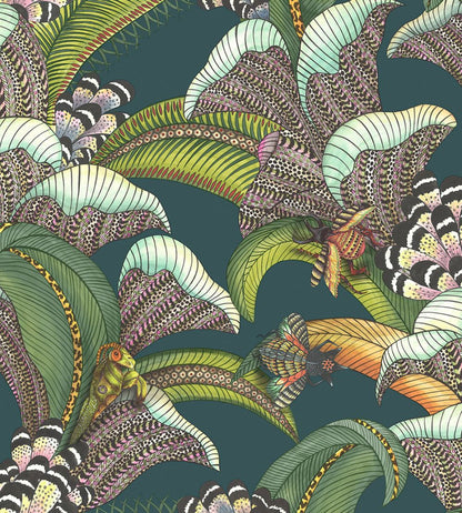 Hoopoe Leaves Wallpaper by Cole & Son Forest Green Lime & Fuchsia on Dark Virdian