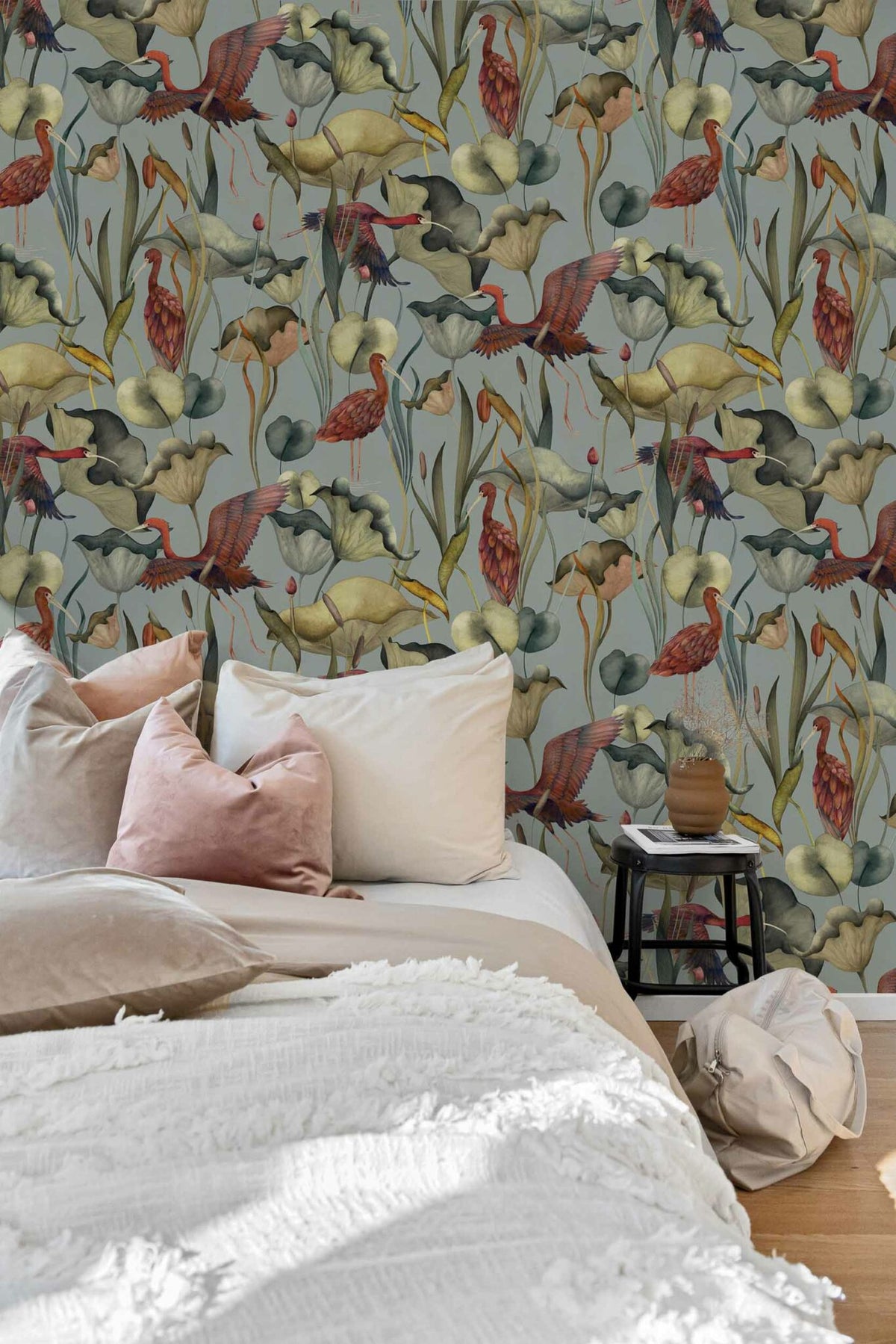 Humedales wallpaper by Coordonné in Celeste, shown in a styled room