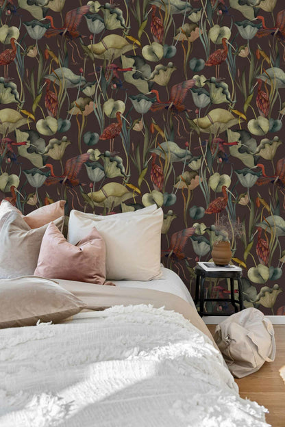 Humedales wallpaper by Coordonné in Choco, shown in a styled room