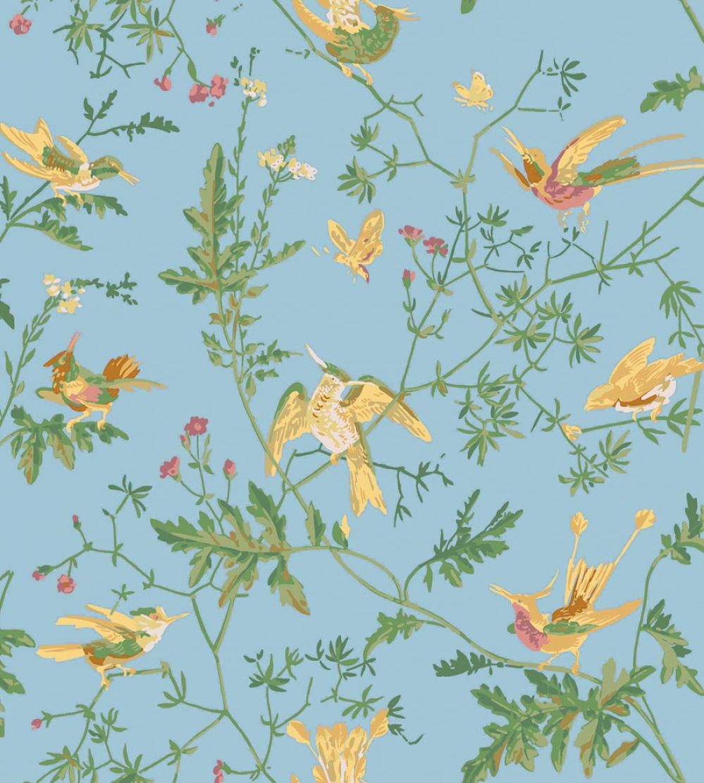 Hummingbirds Wallpaper by Cole & Son Buttercup Yellow on Cornflower Blue