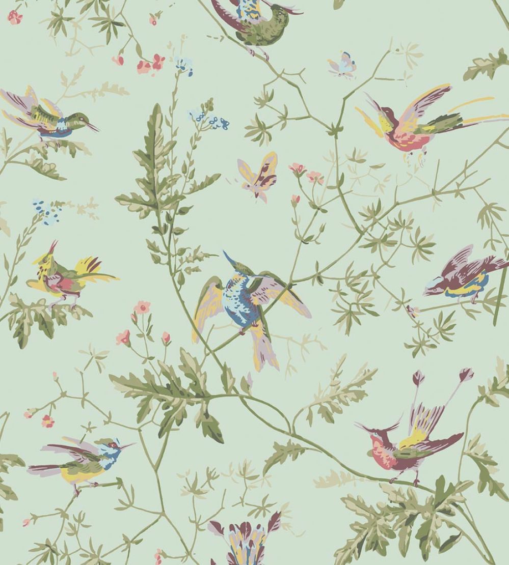 Hummingbirds Wallpaper by Cole & Son Multi, Old Olive on Duck Egg Mica