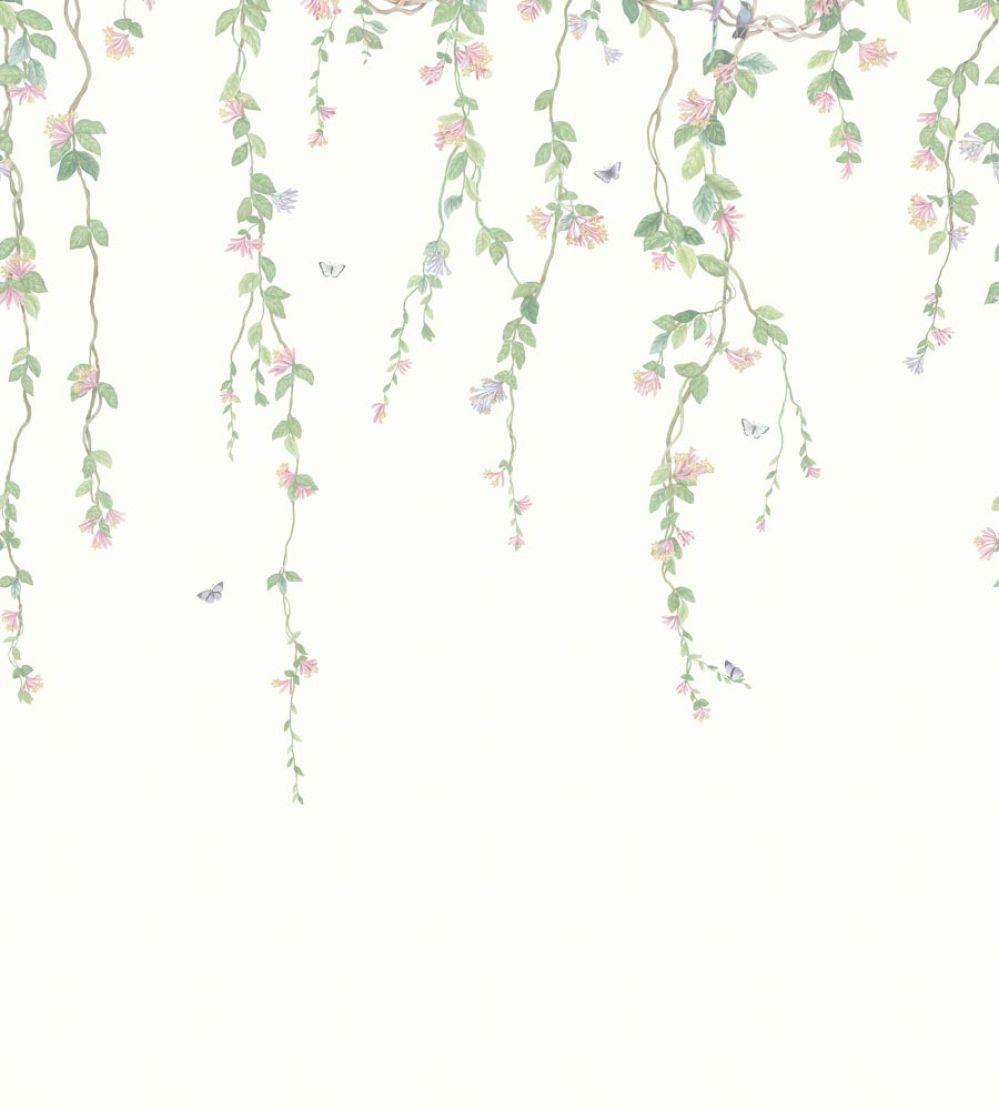 Hummingbirds Flora Mural by Cole & Son Blush, Sage, & Mulberry on Cream