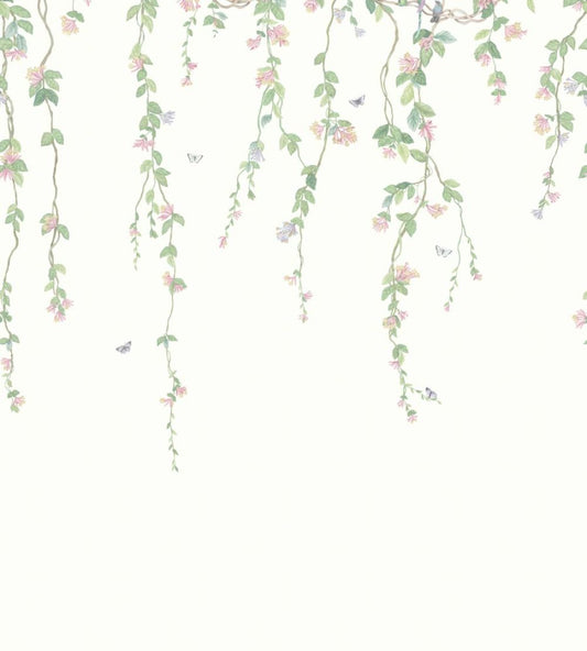 Hummingbirds Flora Mural by Cole & Son Blush, Sage, & Mulberry on Cream