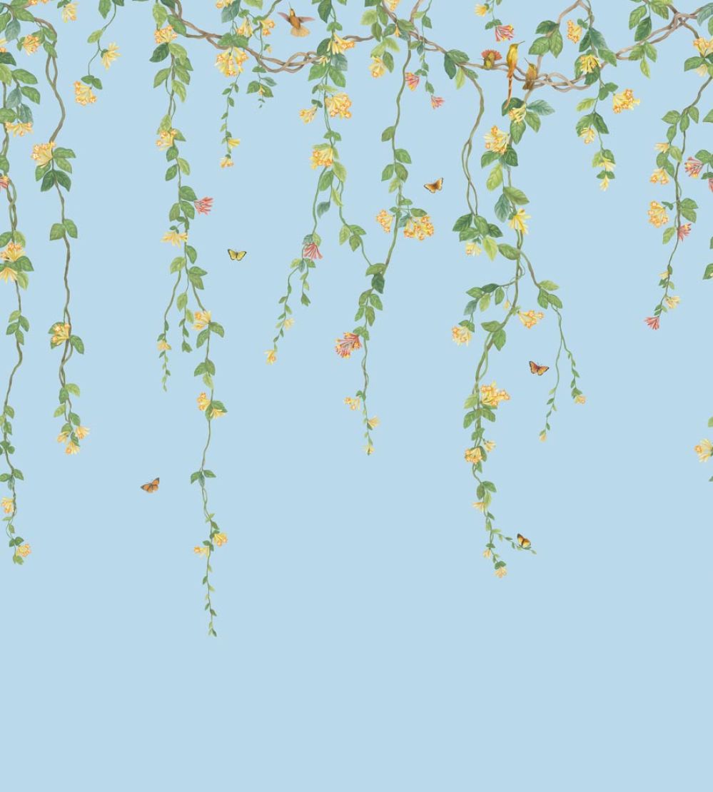 Hummingbirds Flora Mural by Cole & Son Buttercup Yellow on Cornflower Blue