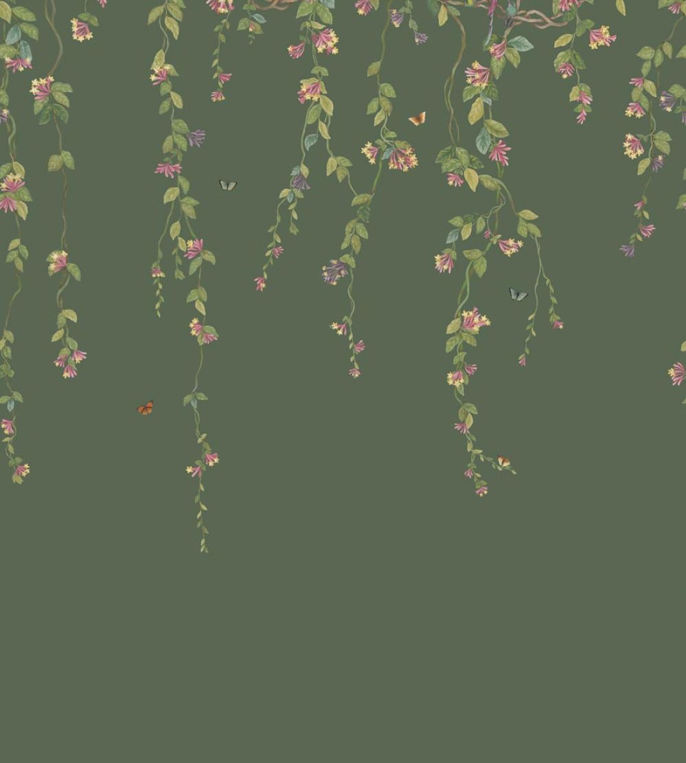 Hummingbirds Flora Mural by Cole & Son Fuchsia on Racing Green