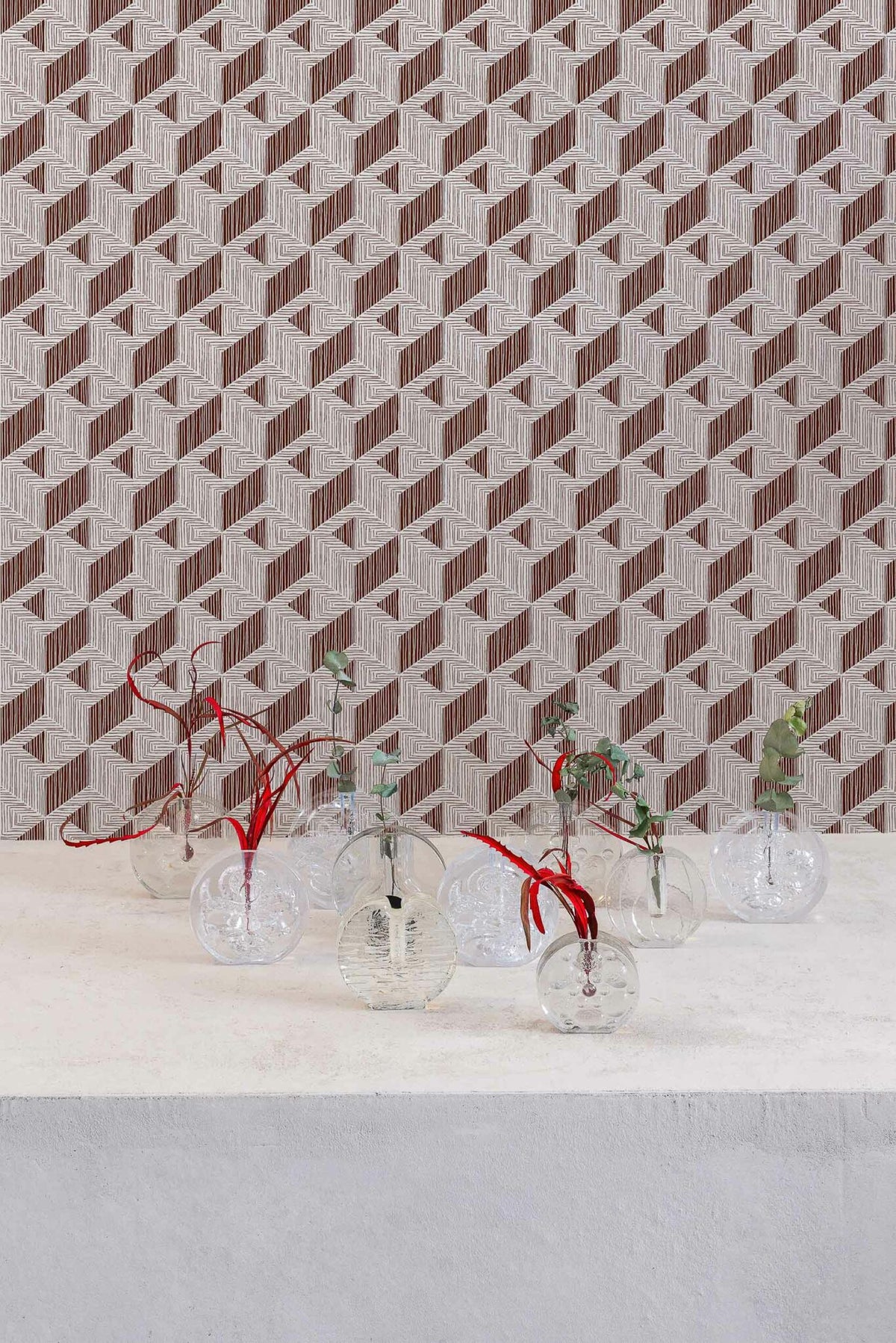 Inca wallpaper by Coordonné in Wine, shown in a styled room