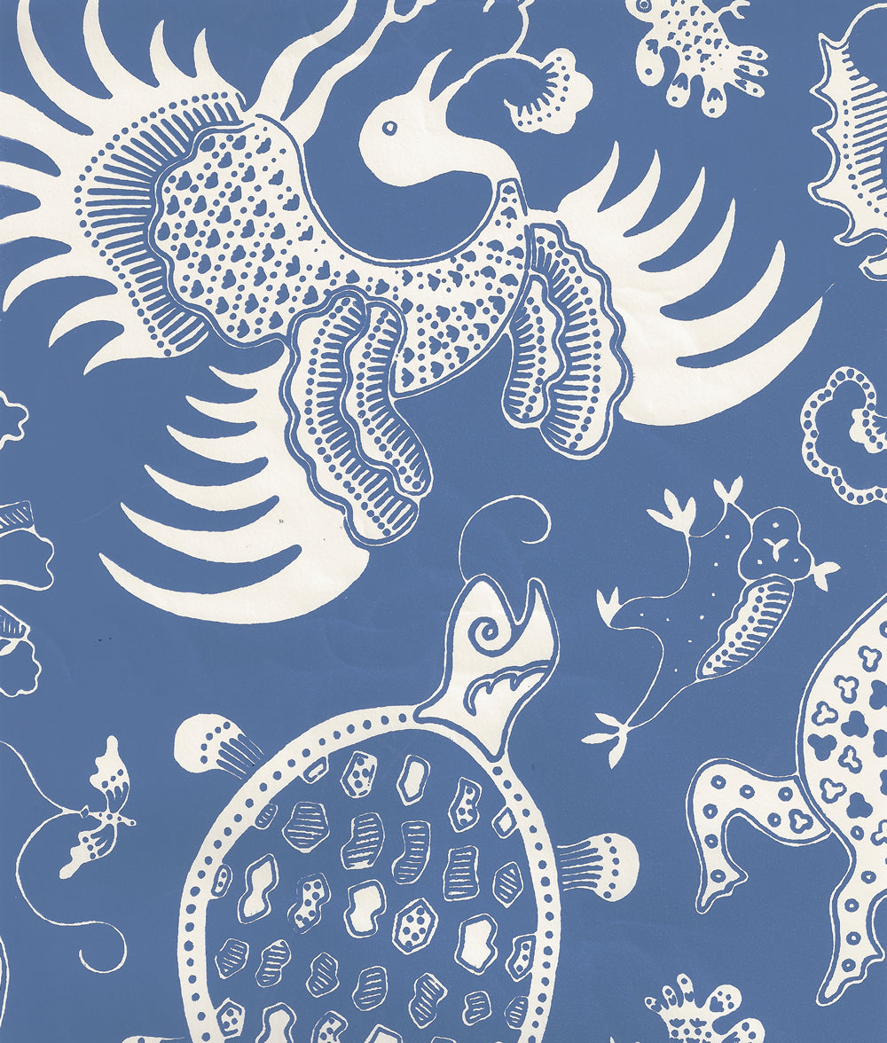 Indramayu Reverse French Blue on Off White wallpaper by China Seas