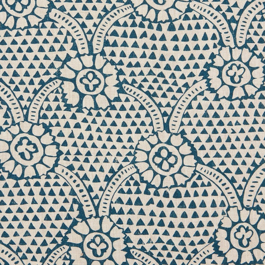 Ivan Printed Linen Fabric by Volga Linen in Prussian Blue/Natural