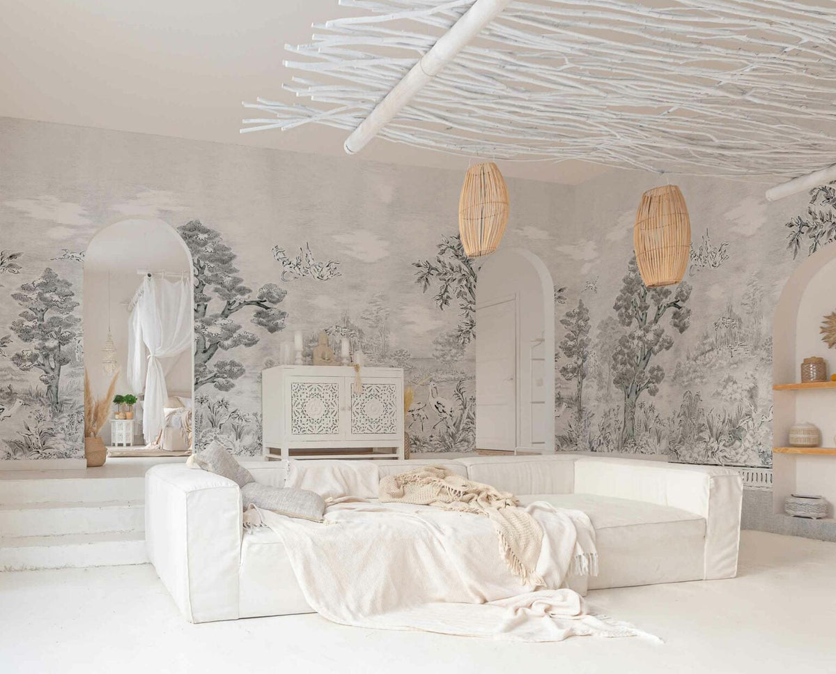 Jacaranda mural by Coordonné in Noche, shown in a styled room
