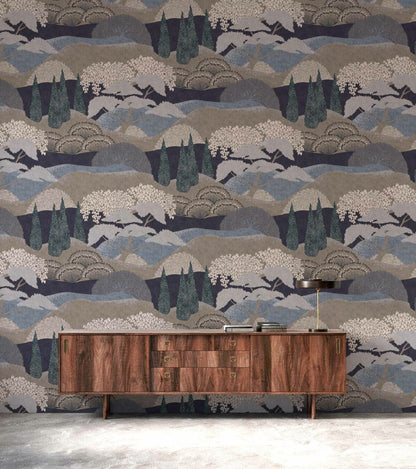 Jardín Japonés wallpaper by Coordonné in Añil, shown in a styled room