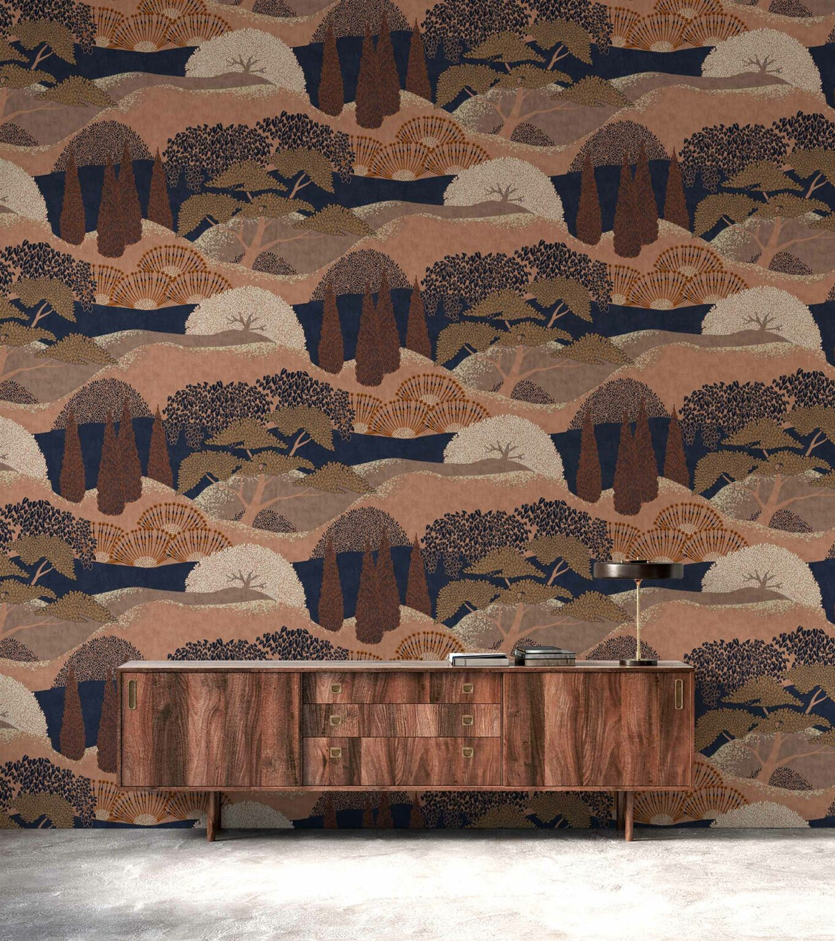 Jardín Japonés wallpaper by Coordonné in Canela, shown in a styled room