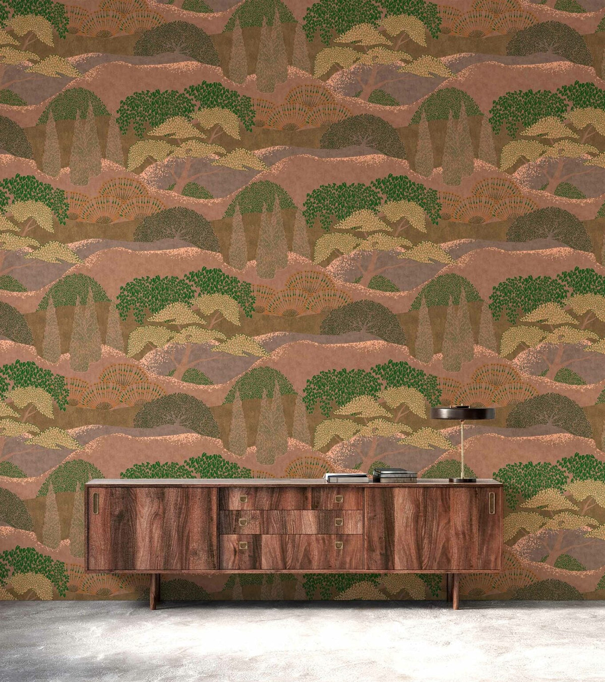 Jardín Japonés wallpaper by Coordonné in Coral, shown in a styled room