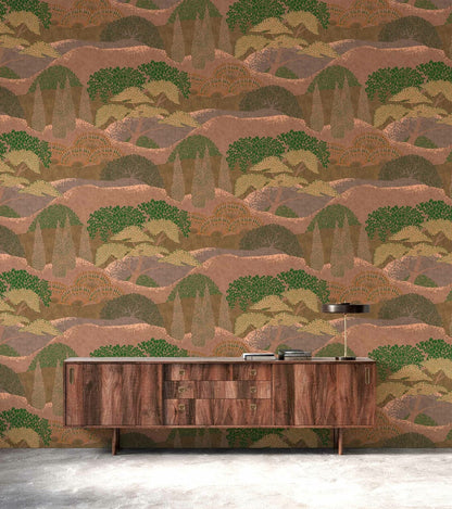 Jardín Japonés wallpaper by Coordonné in Coral, shown in a styled room