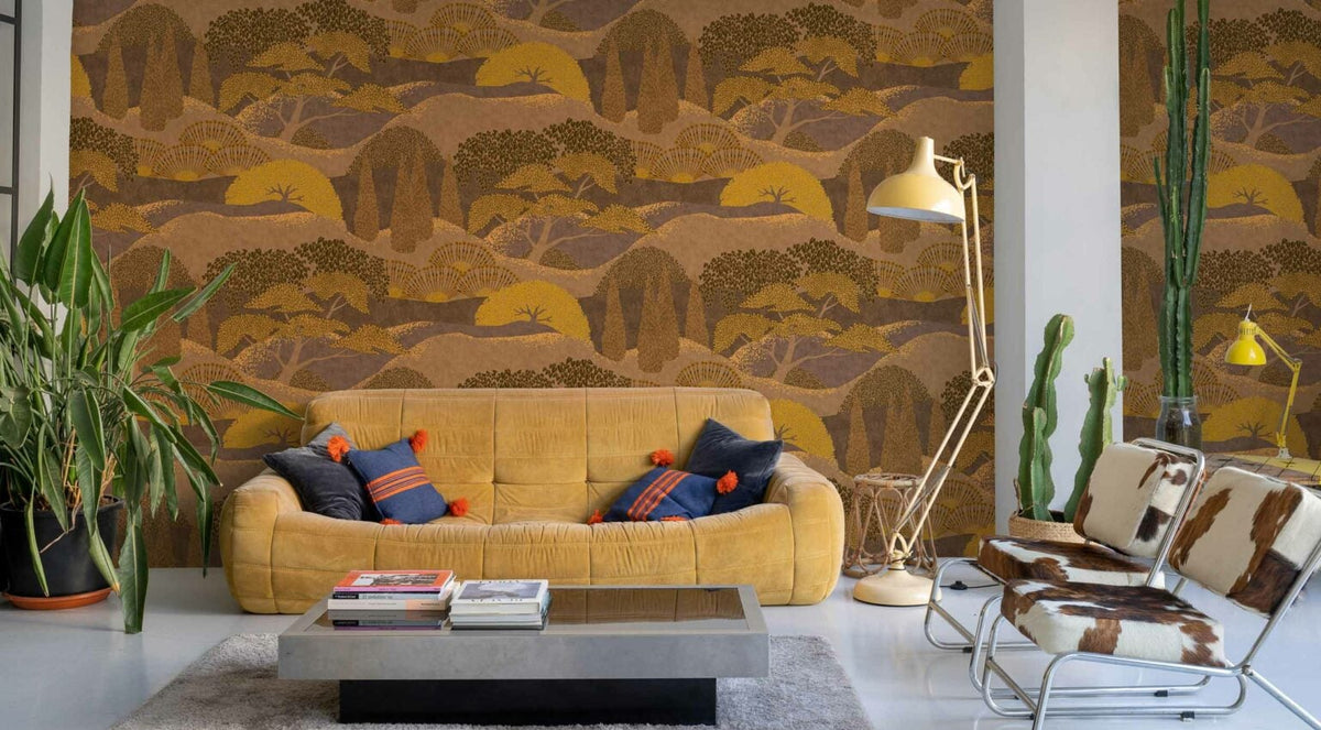 Jardín Japonés wallpaper by Coordonné in Curry, shown in a styled room