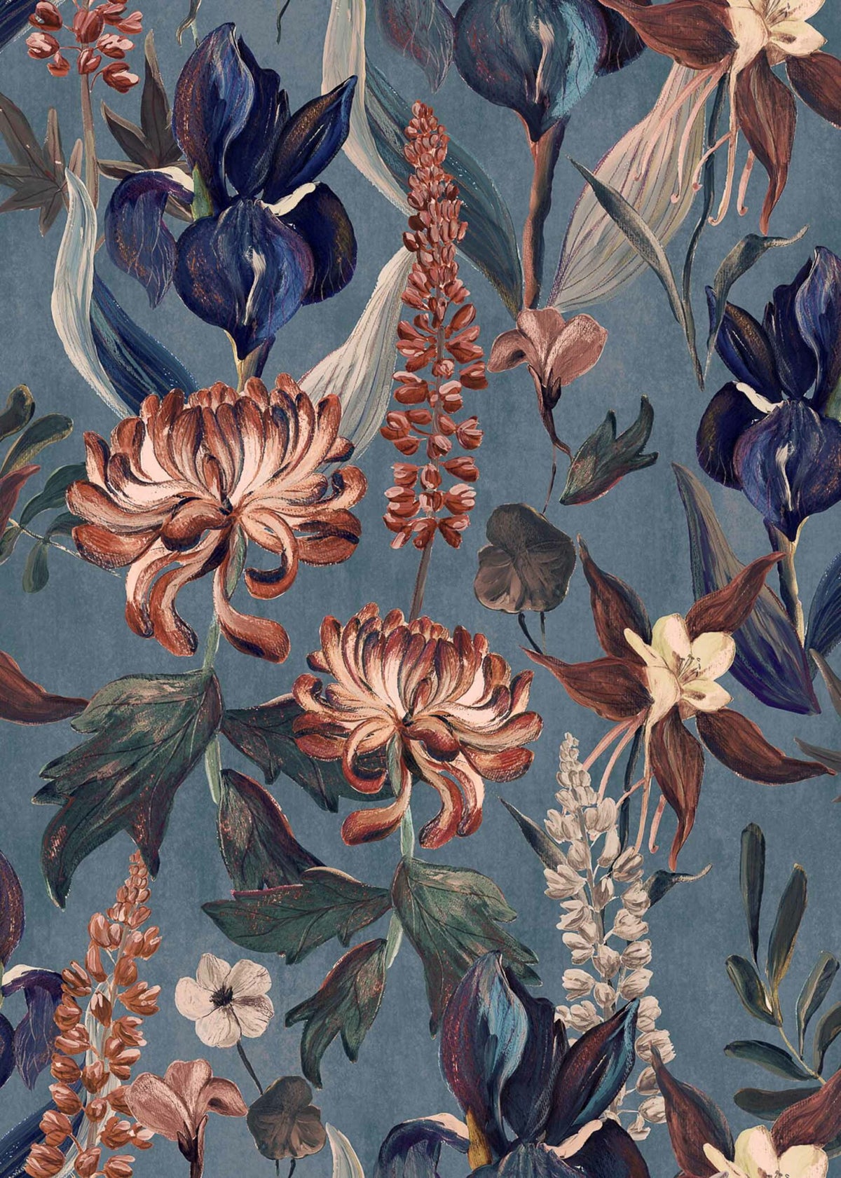 Jardín Rojo wallpaper by Coordonné in Añil, flat pattern view